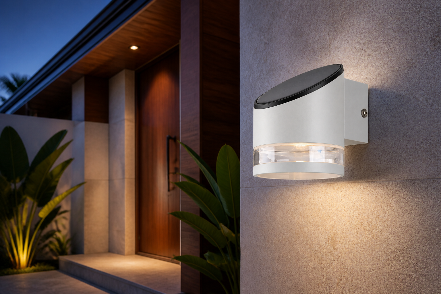 Arc Solar Wall Light shown in an outdoor setting