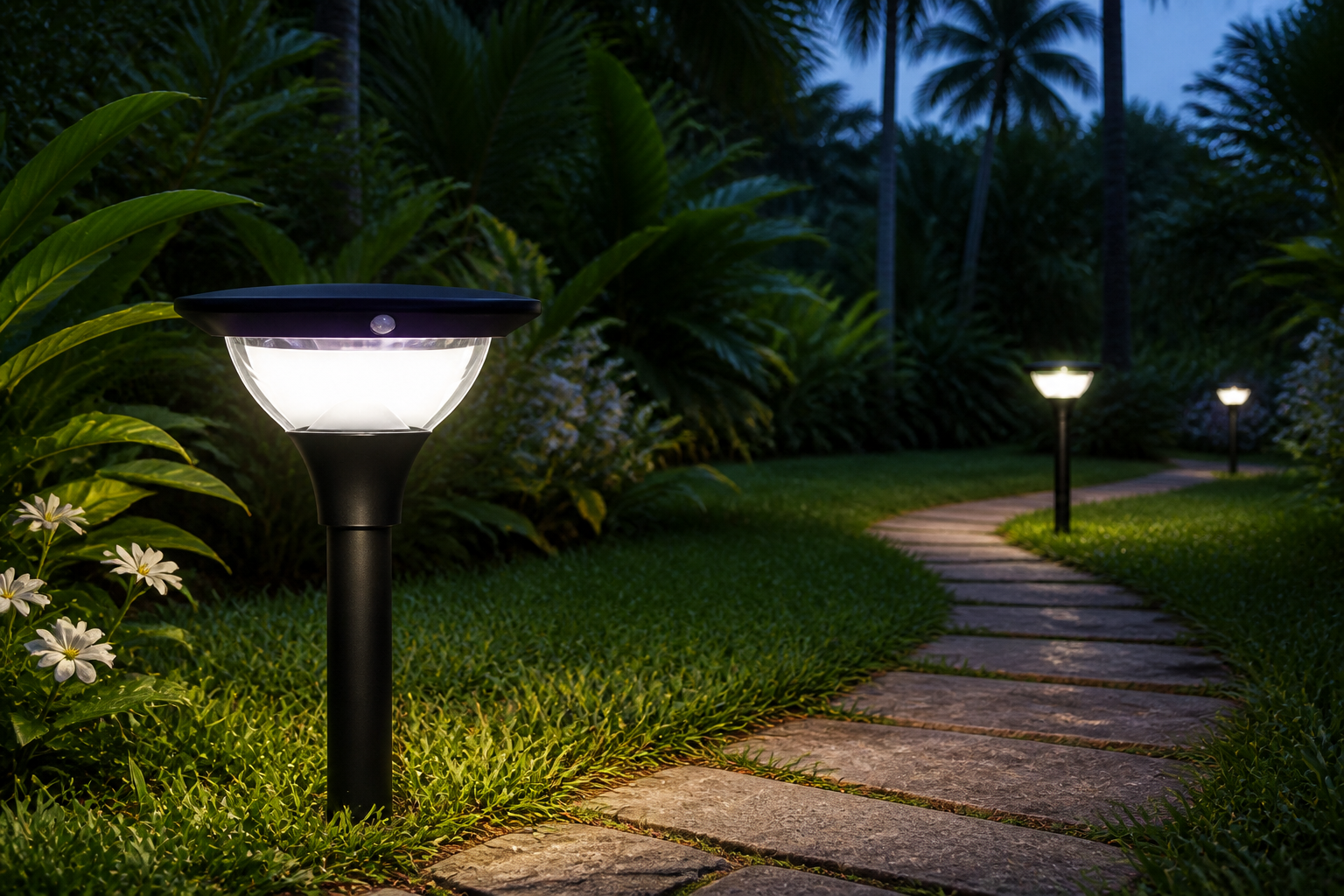 Solar garden lighting along a landscaped path