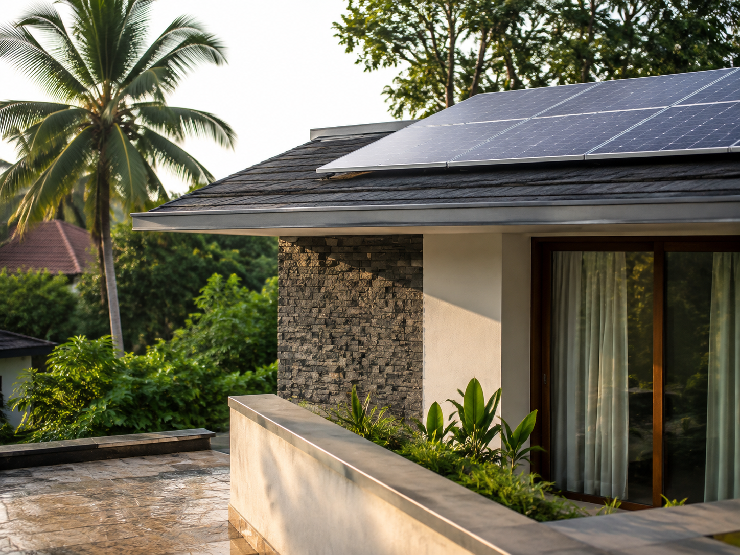 A modern Kerala home with rooftop solar in soft morning light
