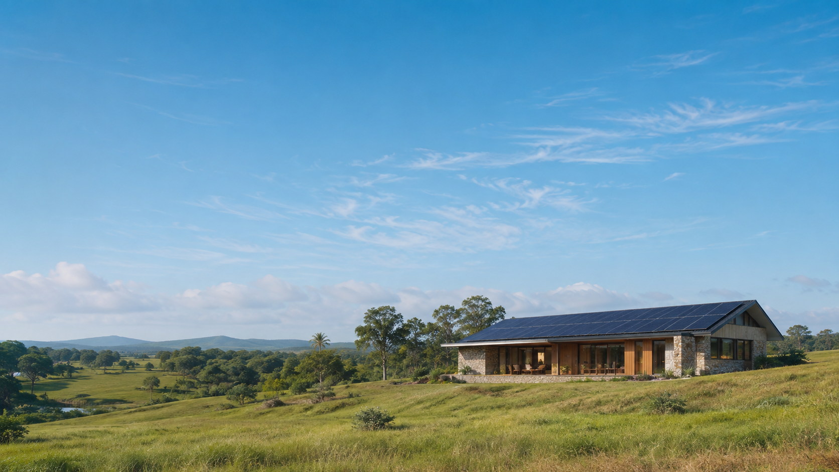 Clean contemporary solar-powered home in daylight