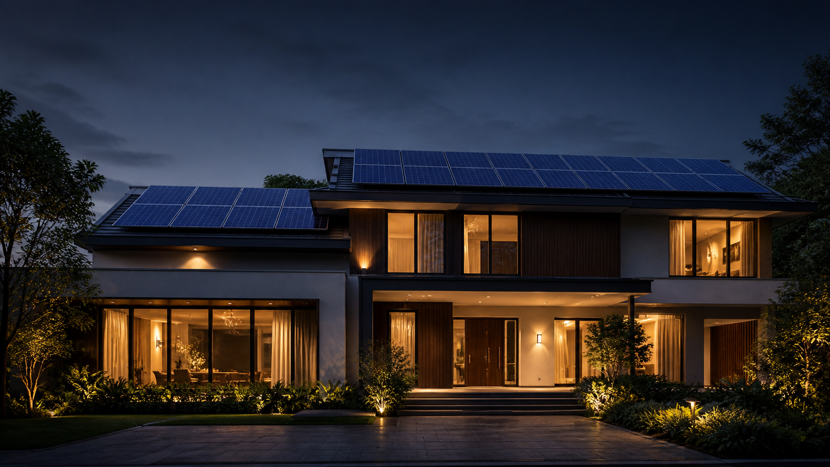 Solar-powered home after dark