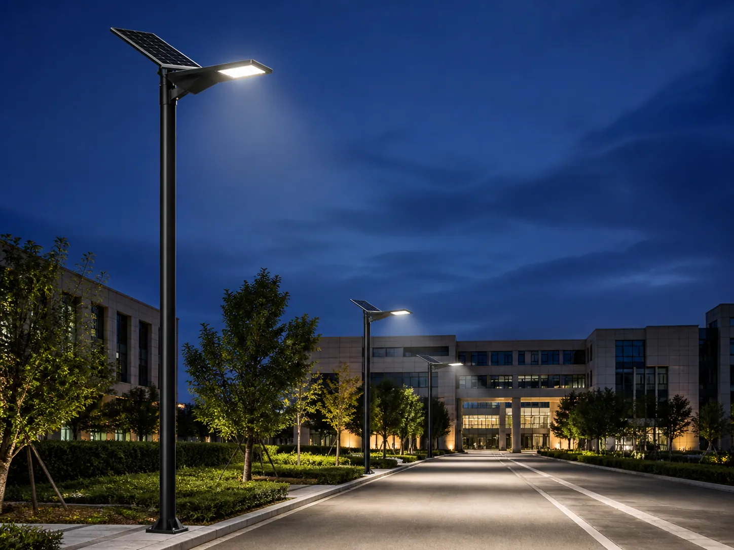 Solar street lights illuminating a landscaped road at night