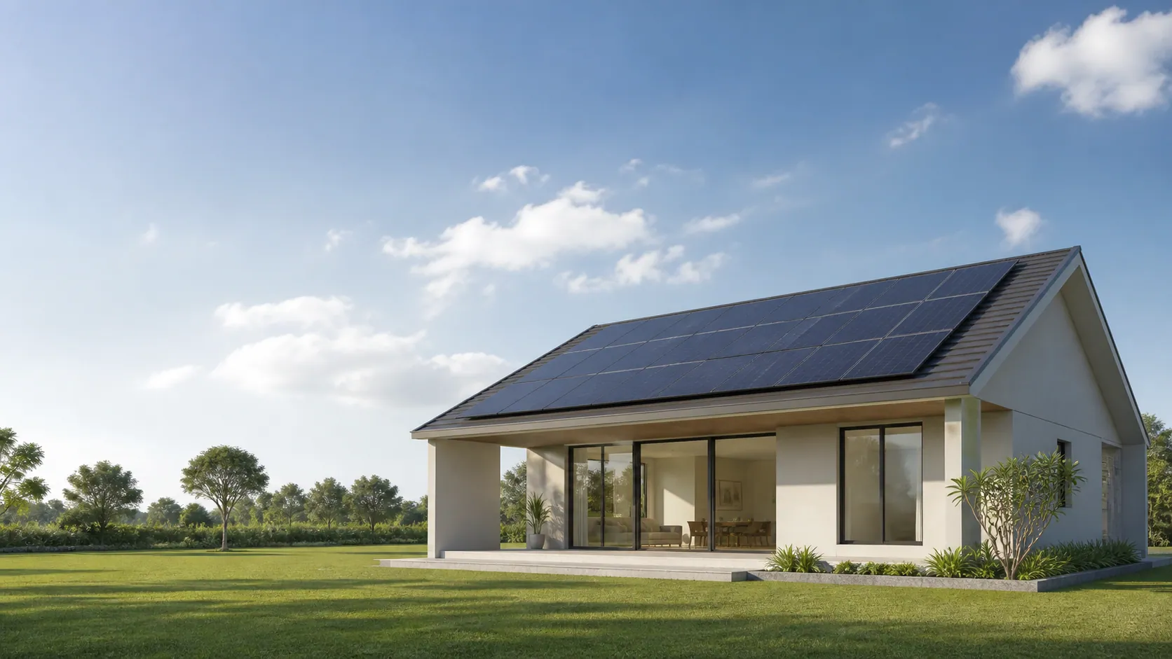 A modern home with rooftop solar panels in daylight