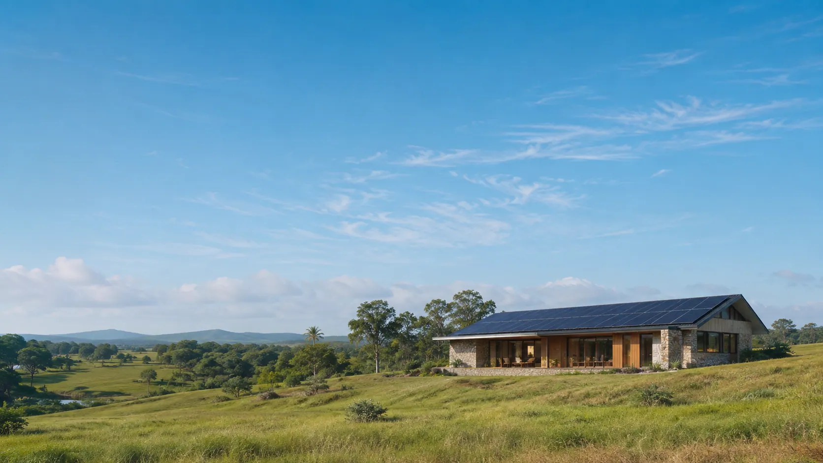 Clean contemporary solar-powered home in daylight